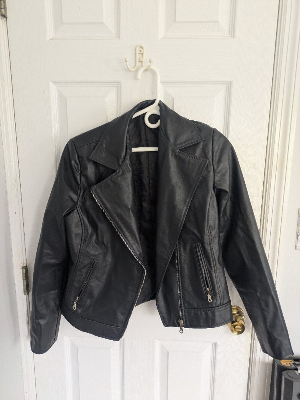 Black Leather Jacket Moto / Motorcycle Jacket Asymmetrical Zip